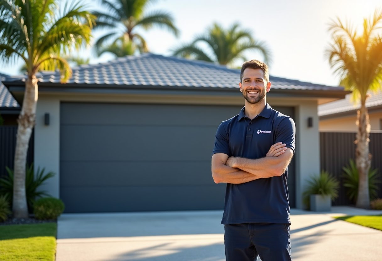 Technician beside a newly installed sectional garage door — Robina